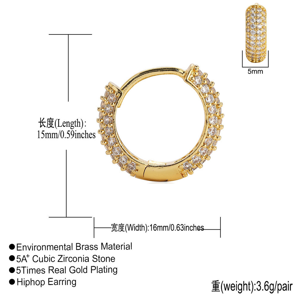 Hip Hop TopBling Zircon Hoop Clip Earrings Bling 18K Real Gold Plated Men Women Jewelry Gift Wholesale