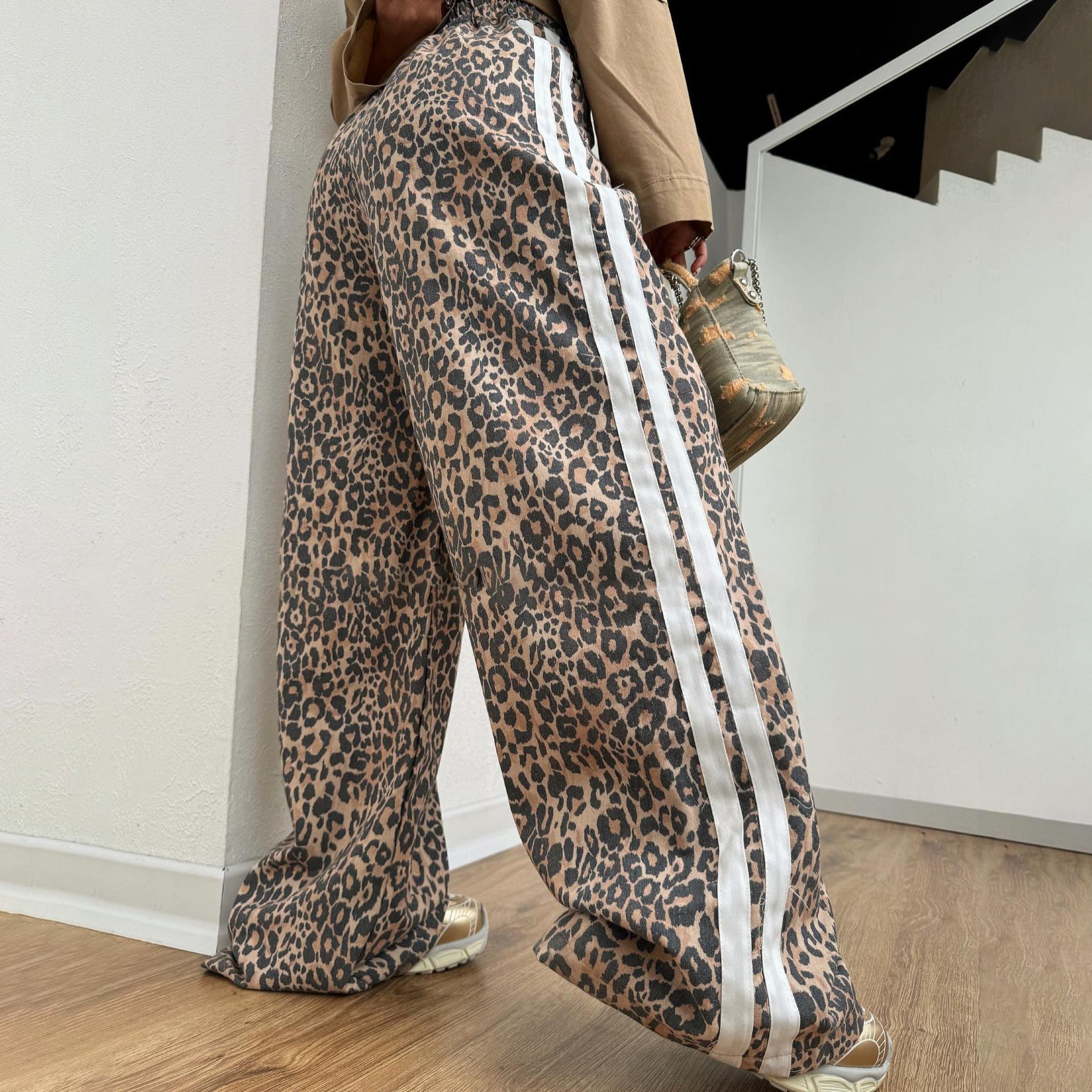 Women's Jeans American Vintage Leopard Print Loose Side Stripes Pants Autumn Classic Straight High Waist Casual Fashion Y2K
