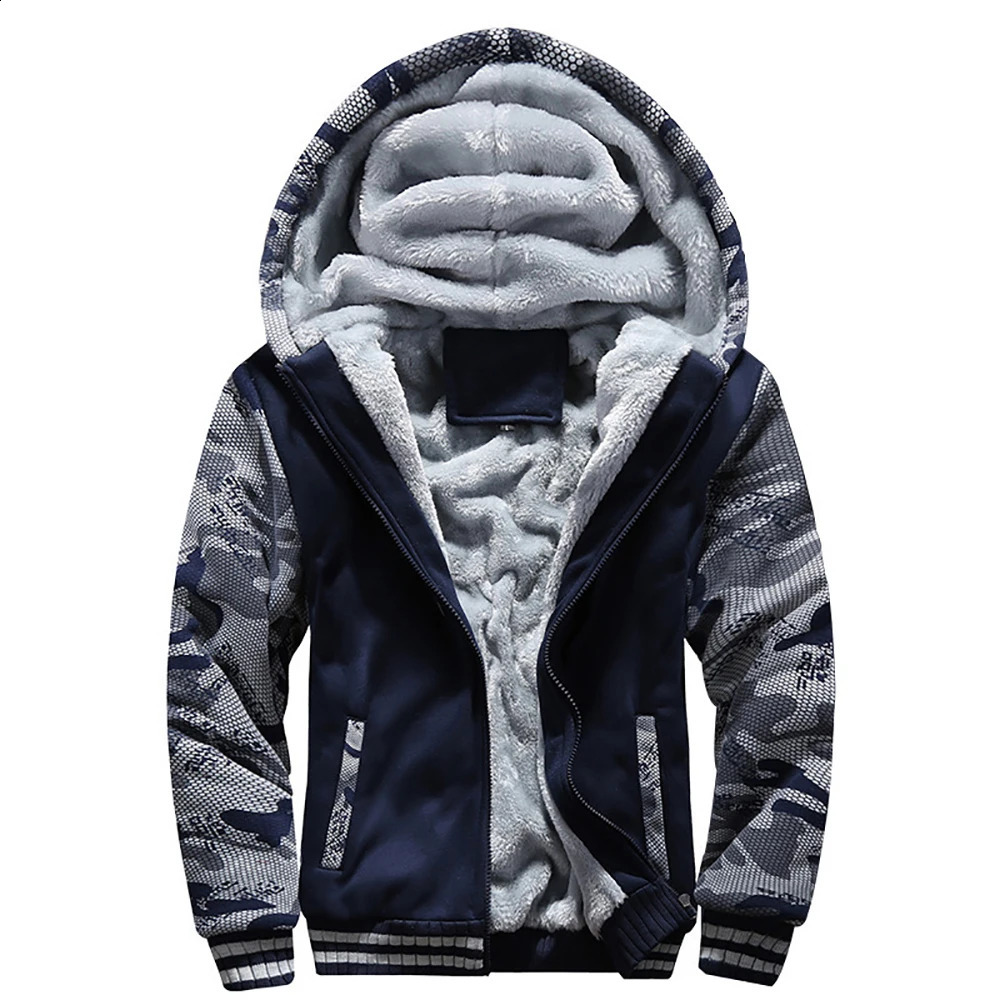 Mens Fleece Jacket Camouflage Thicken Jackets Hooded Coat Winter Long Sleeve Down Coats Casual Streetwear Mens Hoodies 240912