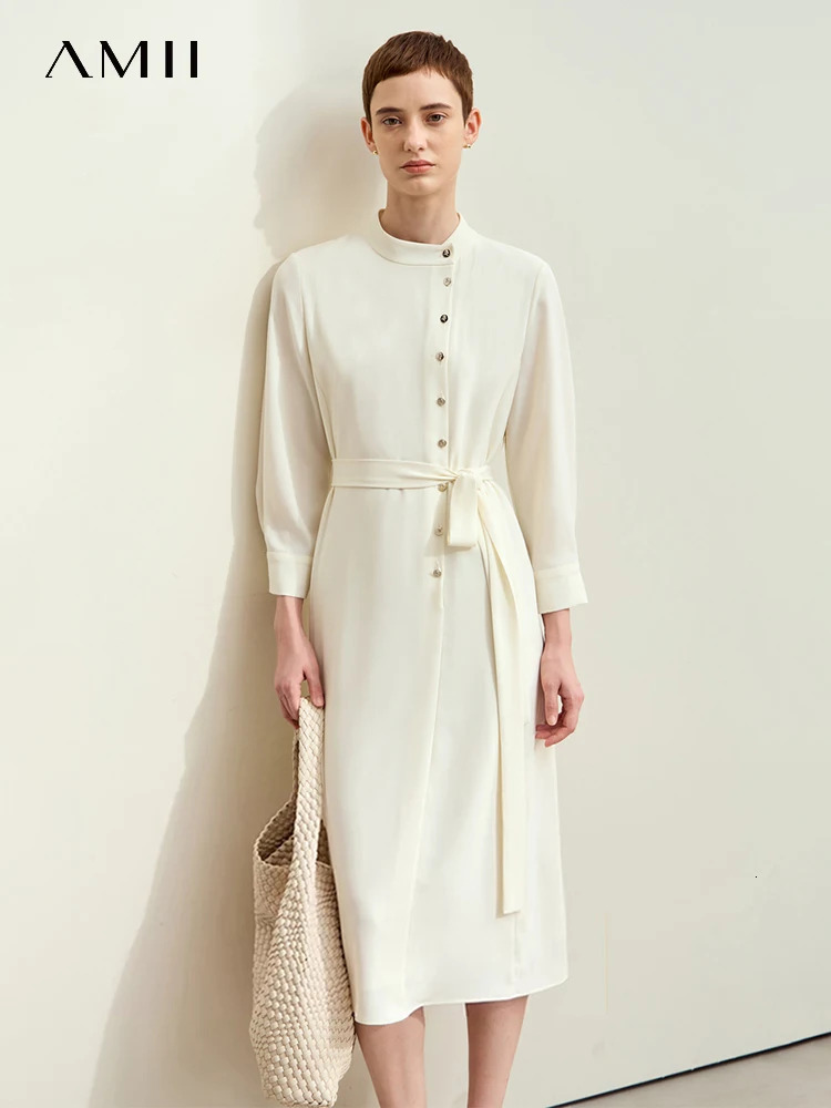 Amii Minimalism Dresses For Women 2024 Autumn New Stand Collar With Belt Midi A-E Loose Casual Chiffon Women's Dress 12443106