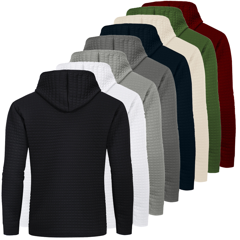 Men's Solid Plaid Jacquard Hoodies Long Sleeve Drawstring Hooded Sweatshirts Casual Waffle Knit Pullover Tops