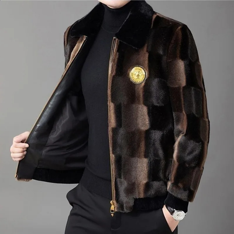 Winter mens ultra-thin mink coat fashionable polo collar large-sized thick fur coat integrated with casual short coat 240924