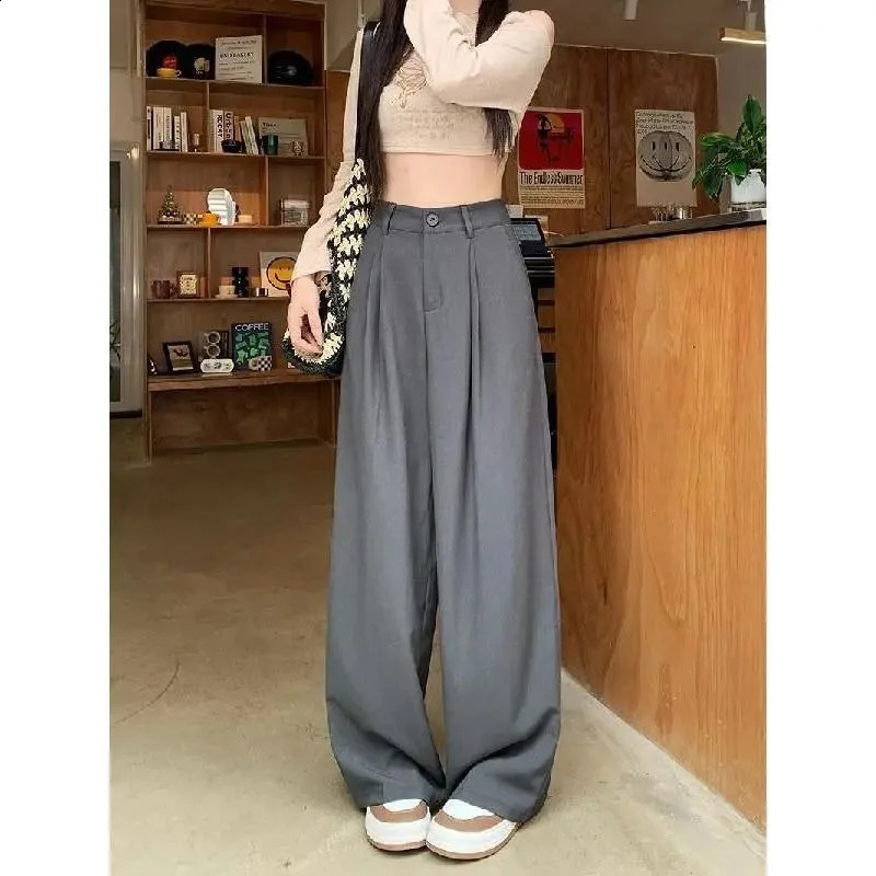 QWEEK Elegant Baggy Gray Suits Pants Woman Oversized Office Ladies Casual Korean Fashion Classical Trousers High Waist Summer 240923
