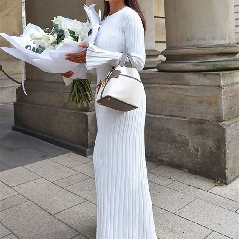 Women Elegant Solid Pleated Knitted Maxi Dress Casual Round Neck Long Sleeve Lace Up Dresses 2024 Autumn Lady High Street Robes y240923