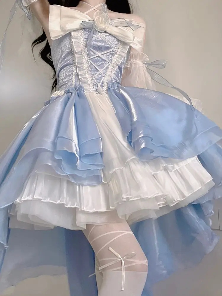 French Romantic Style Lolita Op Elegant Girl Role Playing Princess Puff Sleeves Ribbon Bow Flower Tune Network Dreamy Fairy Dress 240924