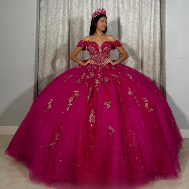 Rose Red Shiny Quinceanera Dresses Ball Gown Off The Shoulder Lace Applique Beaded Tull Corset Sweet 16 Dress Vestido De 15 Anos