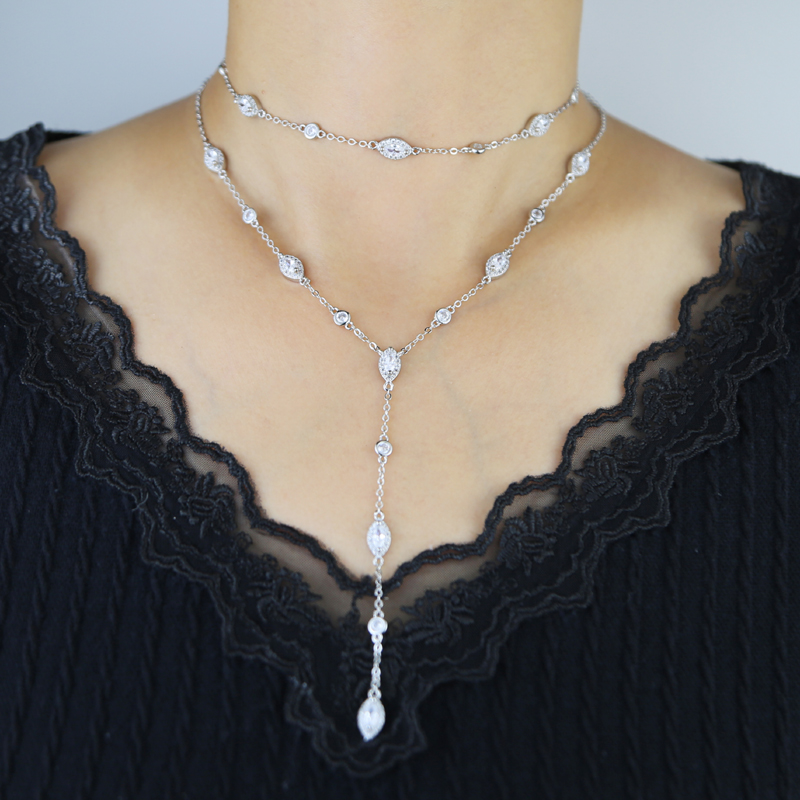 Sparking Bling 5A Cubic Zirconia CZ Marquise Eye Shaped Charm Long Y Lariat Sexy Women Chain Necklace
