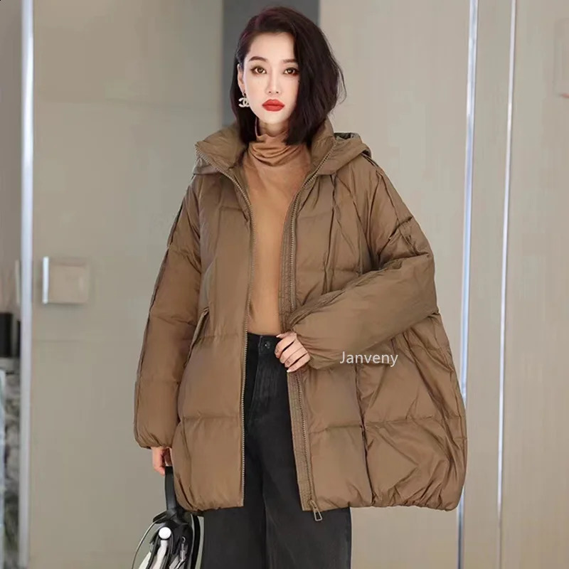 Janveny Women 90 White Duck Down Jacket Hooded Autumn Winter Warm Oversize Puffer Coat Casual Loose Thick Parkas Female Outwear 251022