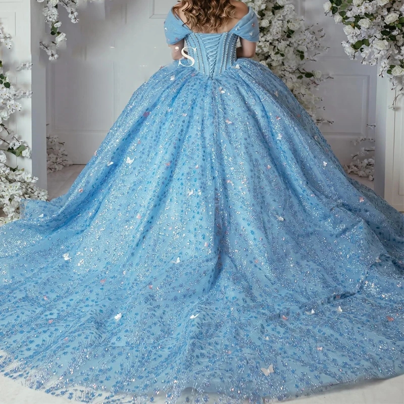 Sparkly Sky Blue Princess Off Shoulder Quinceanera Dresses Beads Crystal Pearls Tull Sweet 16 Ball Gown Vestidos De 15 Anos
