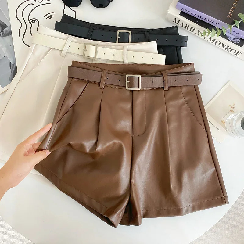Kimotimo PU Leather Solid Womens Autumn/Winter Retro Belt High Waist Coat Wide Leg Shorts Full Match Clothing 240924 XJ260206