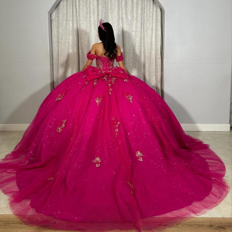 Rose Red Shiny Quinceanera Dresses Ball Gown Off The Shoulder Lace Applique Beaded Tull Corset Sweet 16 Dress Vestido De 15 Anos