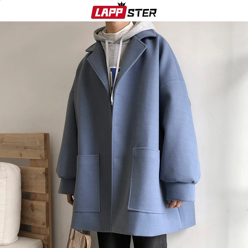 LAPPSTER oversized mens solid Korean winter coat wool coat mens black Harajuku trench coat flannel button jacket and coat 240924