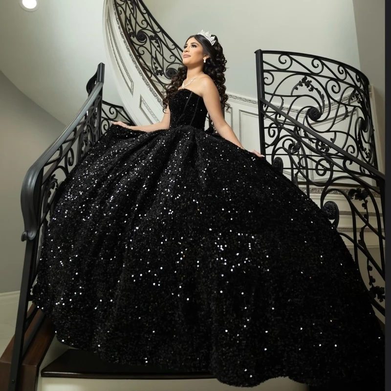Luxury Black Quinceanera Dresses Princess Off The Shoulder Sequined Sweet 16 Dress Birthday Party Ball Gown Vestido 15 De Anos