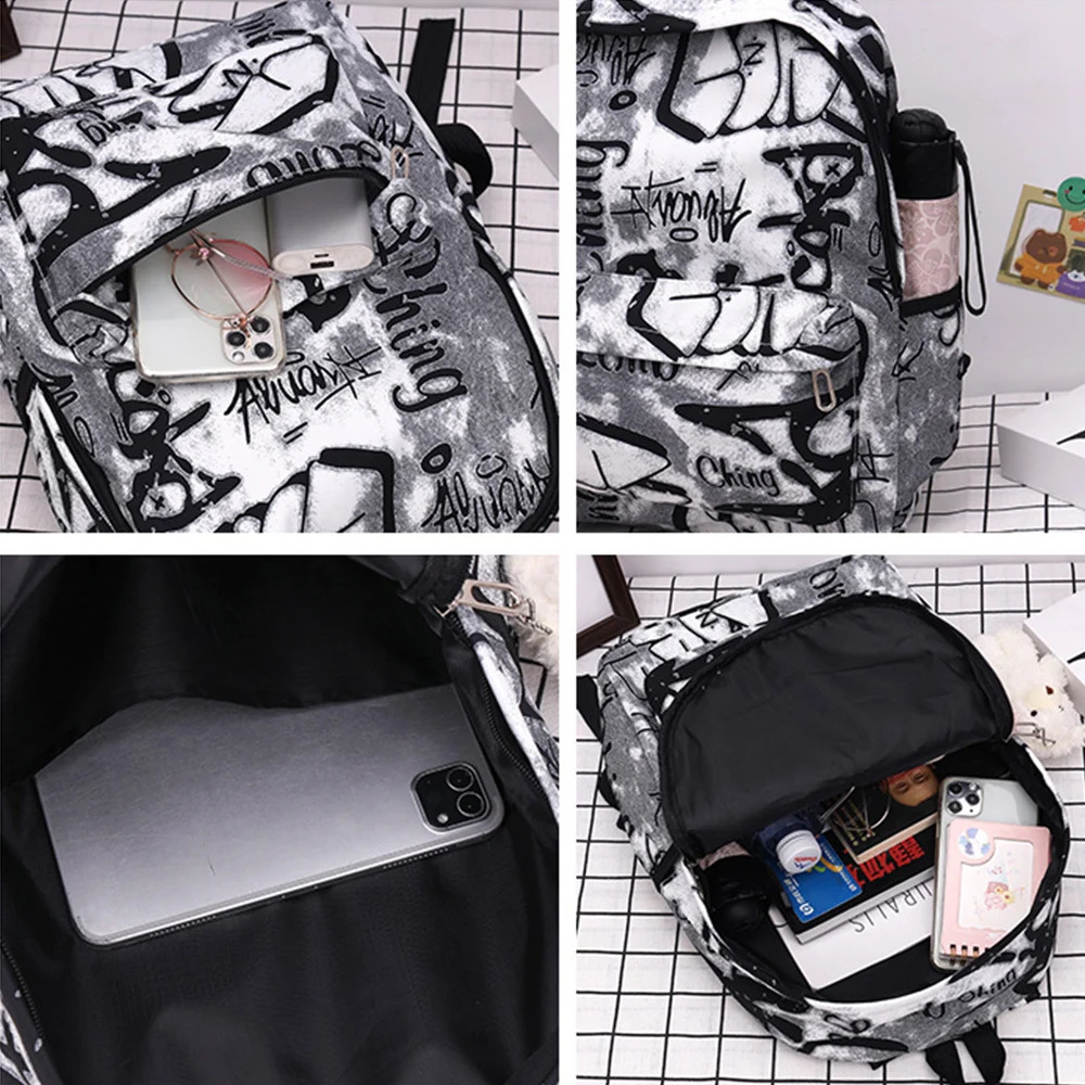 Casual Nylon Womens Backpack Large Capacity Waterproof School Bags Graffiti Printing Shoulder Bag Students y240919