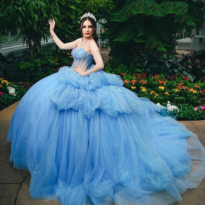 Sky Blue Quinceanera Dresses Ball Gown Off the Shoulder Appliques Beads Tulle Tiered Birthday Party Corset Princess Vestidos De 15 Anos
