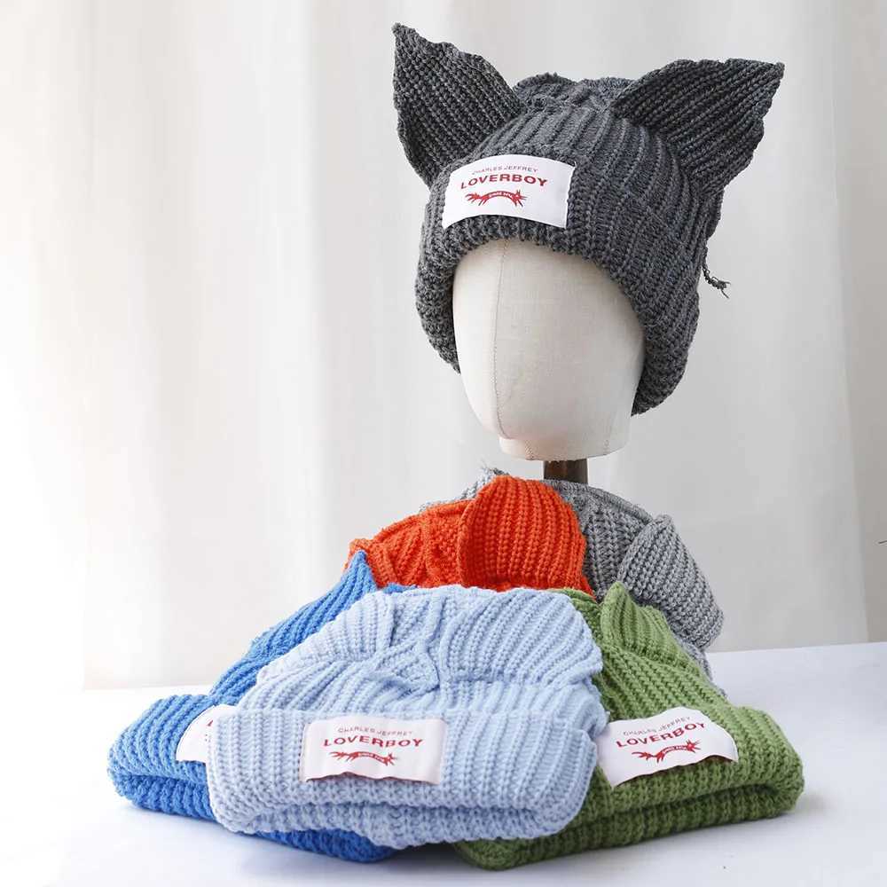 2024 Fashion Lover Boys Cat Ear Knitted Hat Solid Warm Pig Ear Wool Hat Cute Hoodie Design Hip Hop Christmas Gift W240924