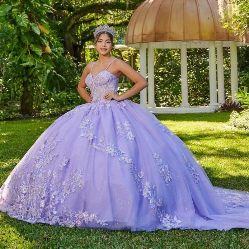 Lavender Quinceanera Dresses Spaghetti Strap Lace Applique Beading Tull Birthday Party Mexican Sweet 16 Vestidos De XV 15 Anos