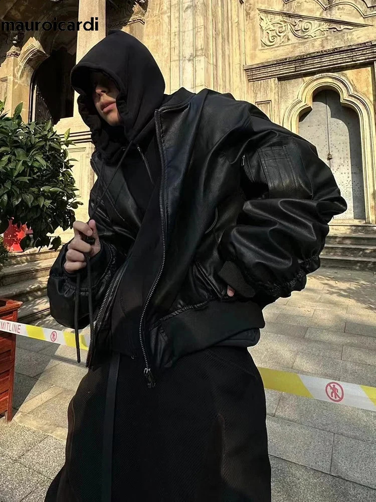 Mauroicardi Autumn Winter Oversized Cool Black Thickened Warm Pu Leather Bomber Jacket Men Hood 2 Clothes 240914