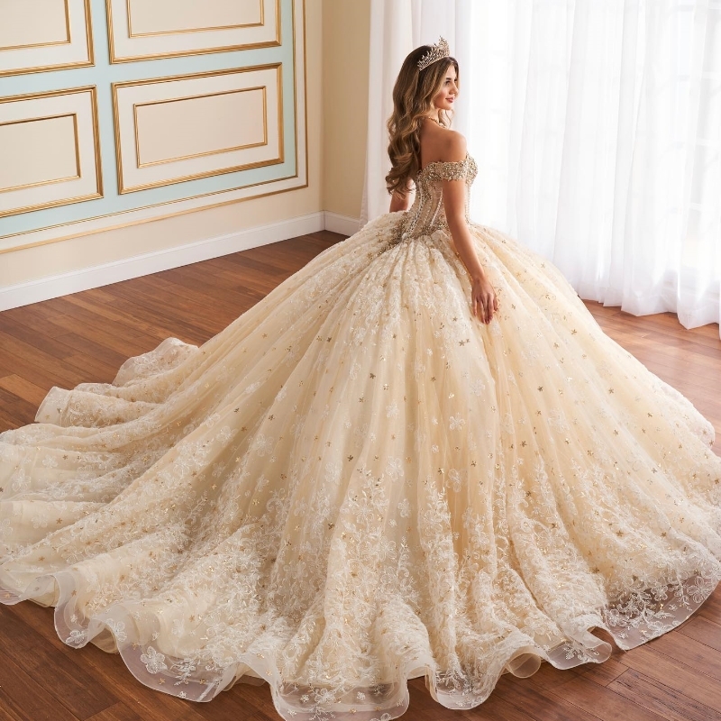 Champagne Sweetheart Quinceanera Dresses Party Gown Off The Shoulder Applique Lace Beads Crystal Tull Princess Sweet 16 Dress Vestidos 15 De Anos