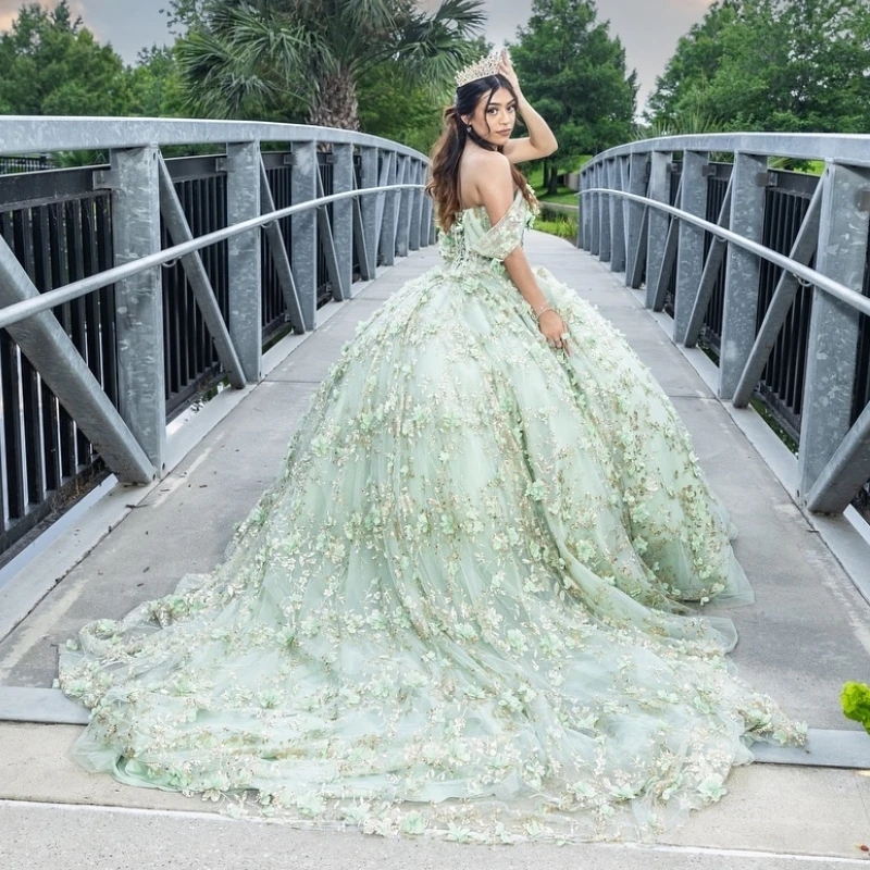 Mint Green Puffy Princess Quinceanera Dresses Off Shoulder 3D Flower Sequins Applique Lace Beads Tull Lace-up Corset Vestidos 15 De Anos