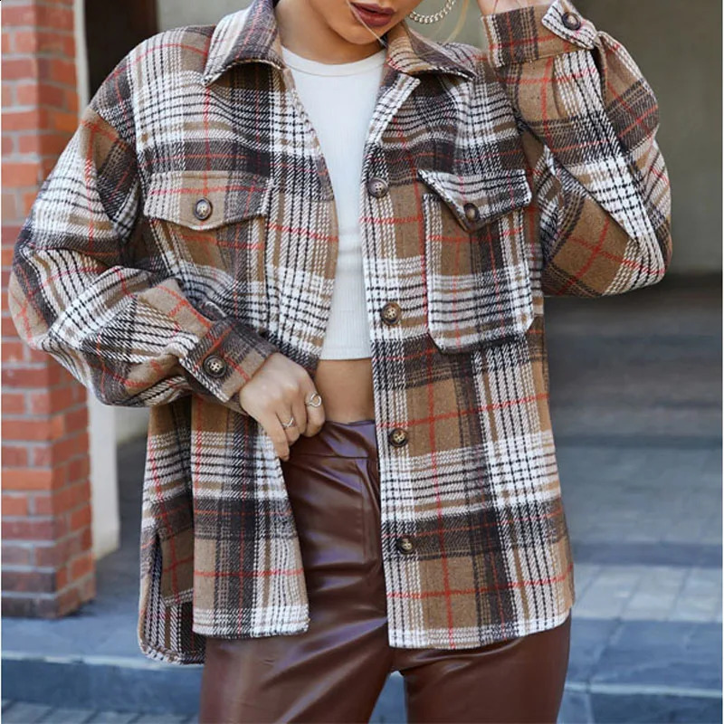 Autumn and Winter Vintage Plaid Fashion Trend Polo Collar Versatile Pockets Simple Long Sleeve Loose Woolen Coat 240909