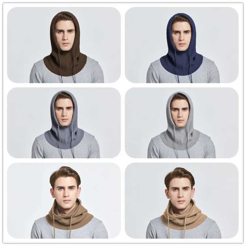 Unisex wool knitted Balaclava hat womens winter cashmere hooded bead neck scarf hat mens brushed Y2K hip-hop Skulls W240924