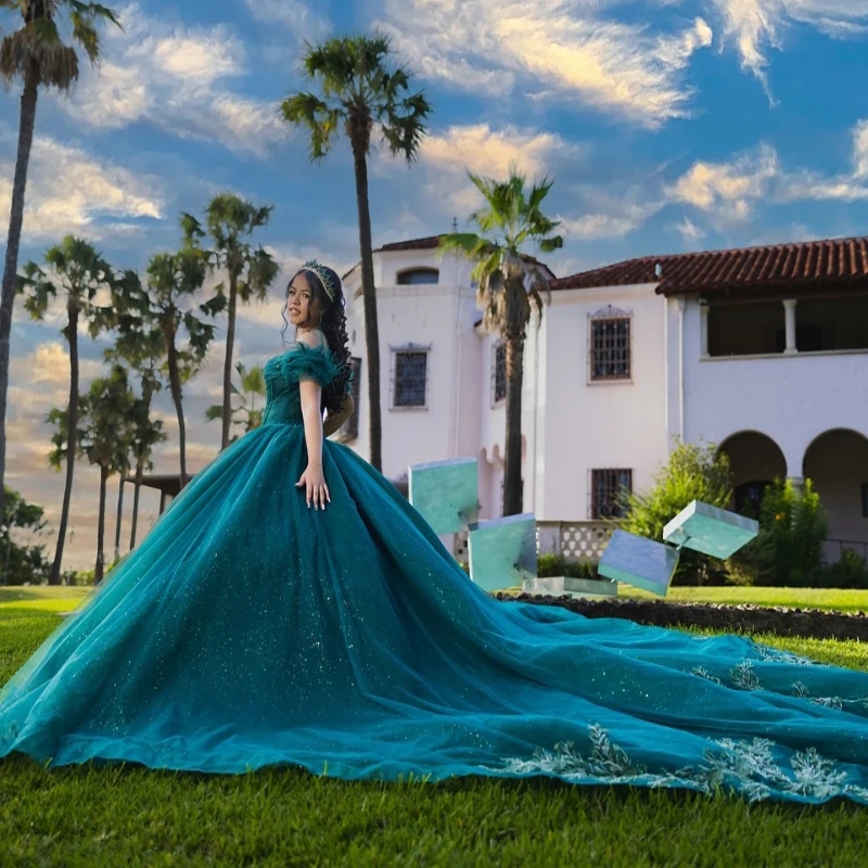 Emerald Green Quinceanera Dresses Ball Gown Off Shoulder Mexico Applique Lace Beads Tull Vestidos De 15 Anos XV Brithday Sweet 16 Dress