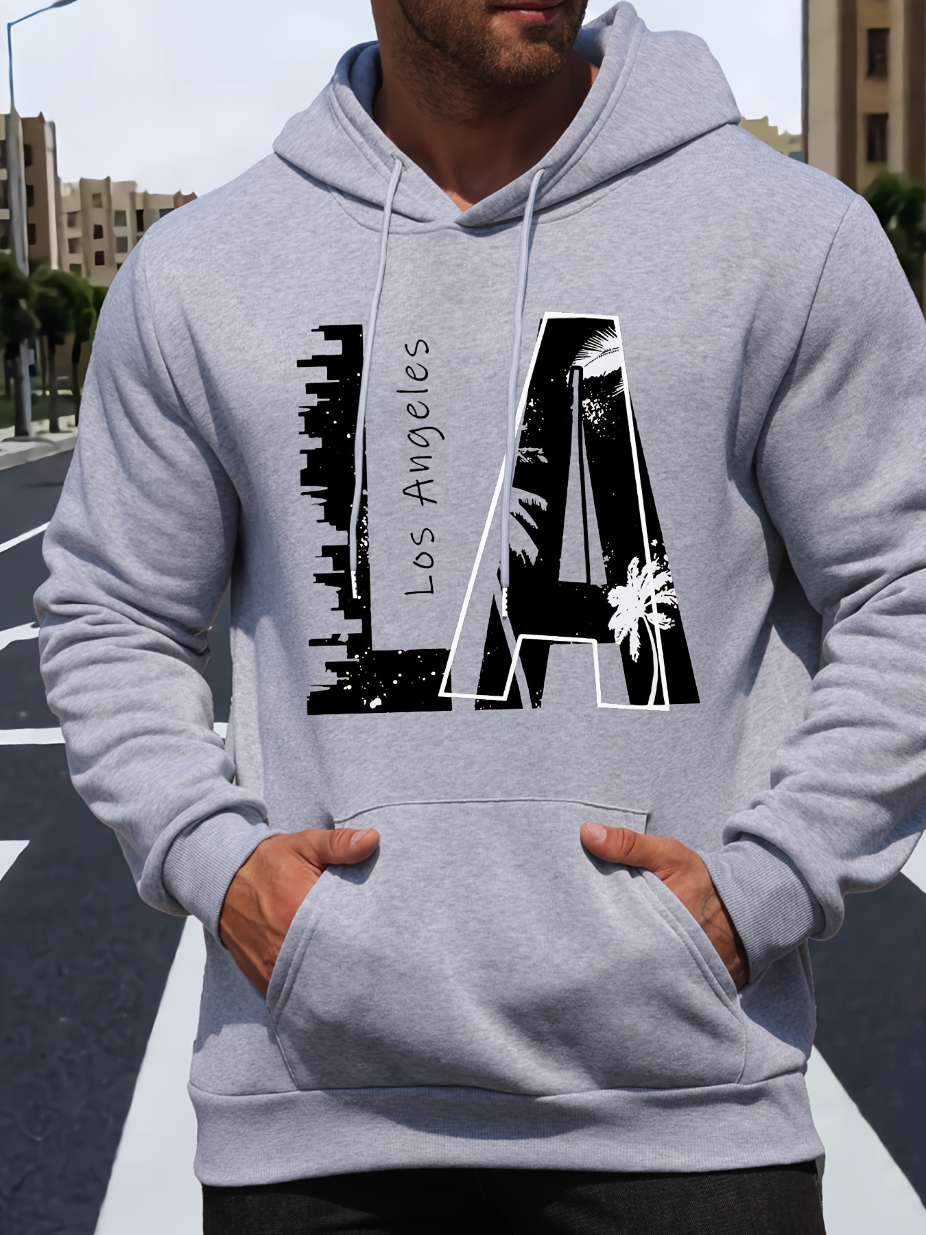 Men's LA Print Casual Hoodie - Fashionable Drawstring Pullover with Kangaroo Pocket, Comfortable Polyester Blend for Fall/Winter
