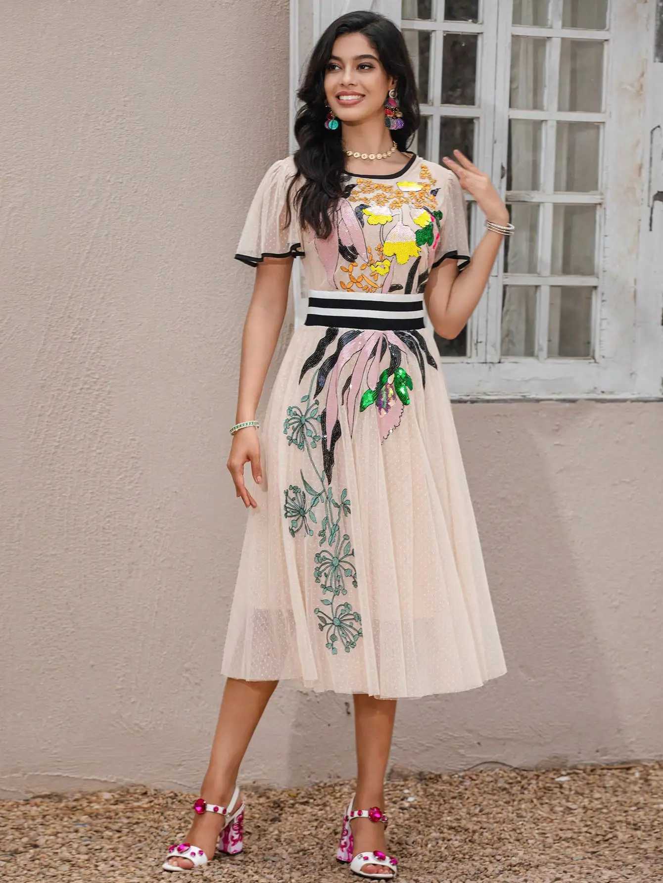 New womens summer fashion runway Midi dress with butterfly sleeves and sequins embroidered womens slim fit A-Line dress W240924
