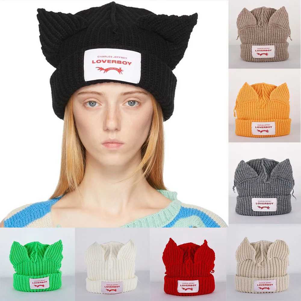 2023 Loverboy Cat Ear Knit Hat solid Warm Pig Ear Woolen Hat Cute Fashion Hooded Cap Niche Design Hip-hop Personality Cold HatX240924