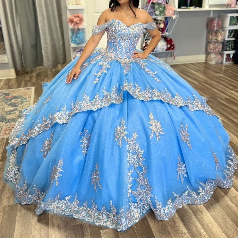 Light Blue Shiny Quinceanera Dresses Ball Gown Off The Shoulder Lace Applique Beads Tull Corset Sweet 16 Dress Vestidos De 15 Anos