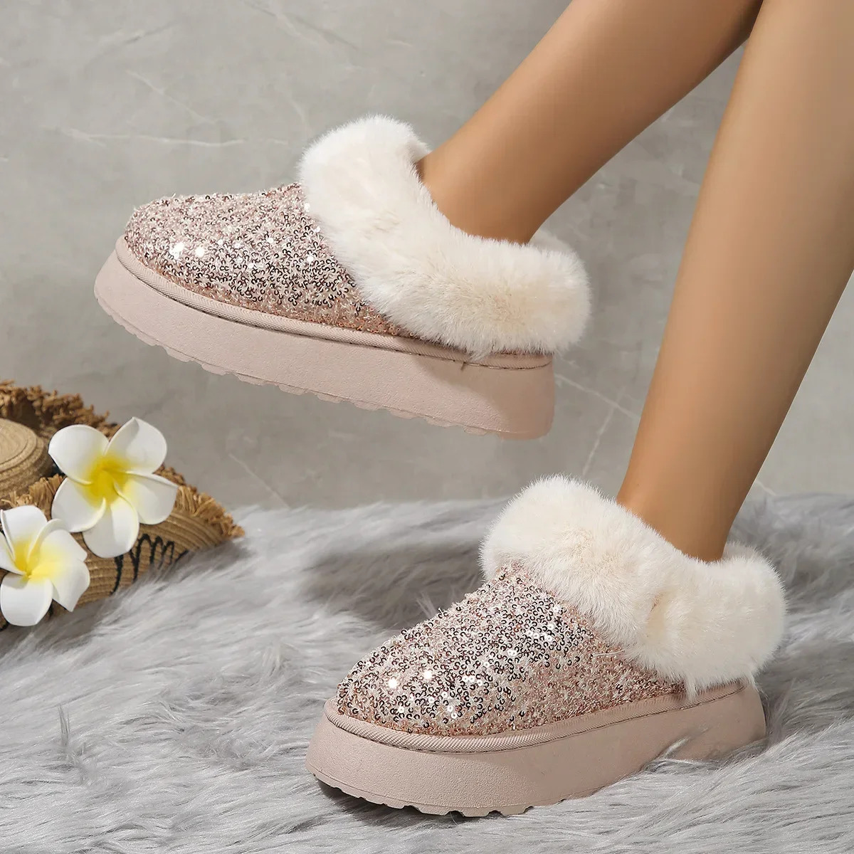 Ankle Snow Boots Women Winter 2024 New Fashion Shiny Fur Short Plush Warm Flats Slippers Platform Shoes Indoor Cotton Flip-Ps