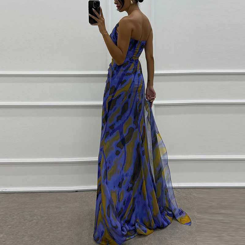 2024 Womens High Seam Chiffon Party Dress Elegant Tube Top Stainless Steel Evening Dress Cocktail Pattern Printing Formal Occasion Dress CL240924