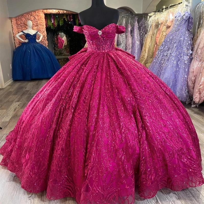 Rose Red Sparkly Princess Quinceanera Dresses Off Shoulder Gillter Crystal Sequins Lace Bow Corset Sweet 16 Vestidos 15 De Anos