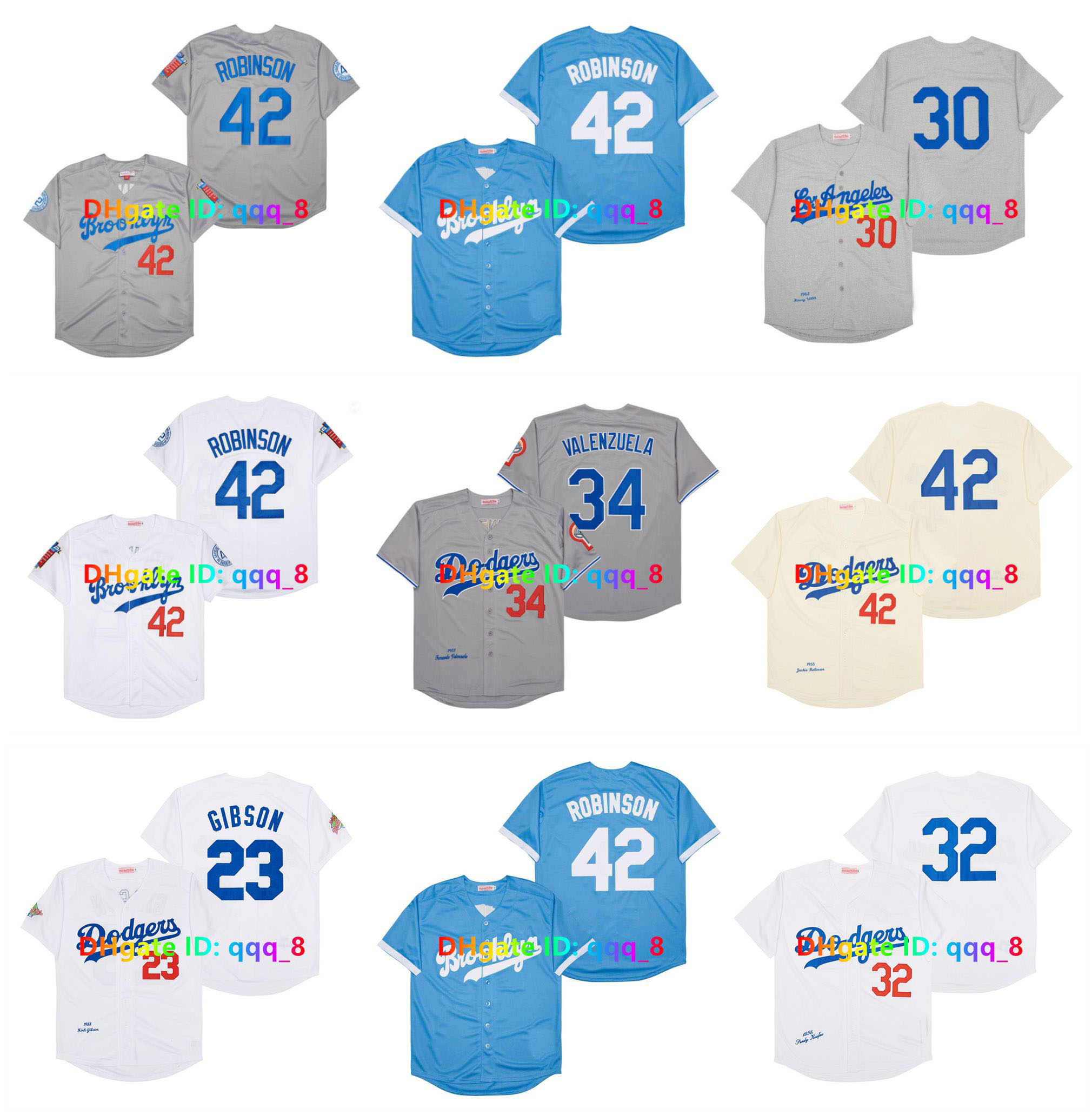 Throwback Dodgers LA Baseball Jersey 42 Robinson Brooklyn 34 Fernando Valenzuela 32 Sandy Koufax 23 Kirk Gibson 55 Orel Hershiser Cream White Grey Size -3XL