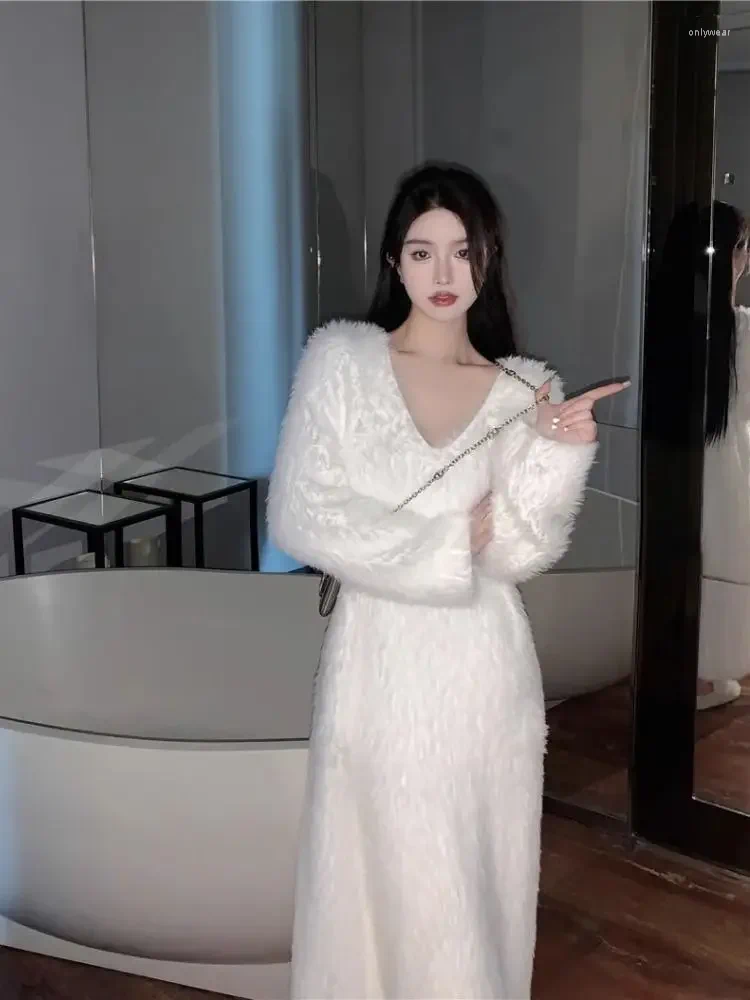 Womens Sweaters Loose Knit Long Sweater Solid White Sweaterdress Fall Winter Knitwear Dress Pullover Women Y2k Cloth Fairycore Korean 00s