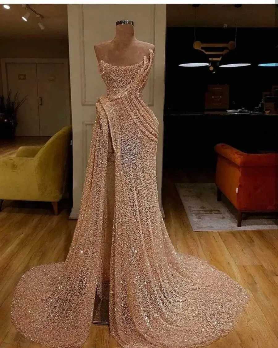 2024 New Pink Sparkling Mermaid Evening Dress Champagne sequins Side Split Lace Formal Party Dress Customized Long Ball Dress W240924