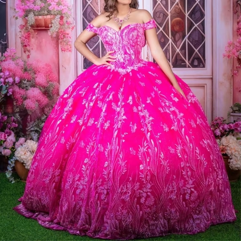 Sparkly Rose Red Princess Quinceanera Dresses Off Shoulder Sequin Lace Beads Crystal Tull Sweet 16 Dress Ball Gown Vestidos De 15 Anos