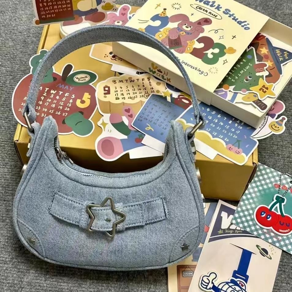 Chic Retro Y2K Underarm Shoulder Bag in Solid Colors - Women's Denim Hobo Purse Featuring Distinctive Star Detail