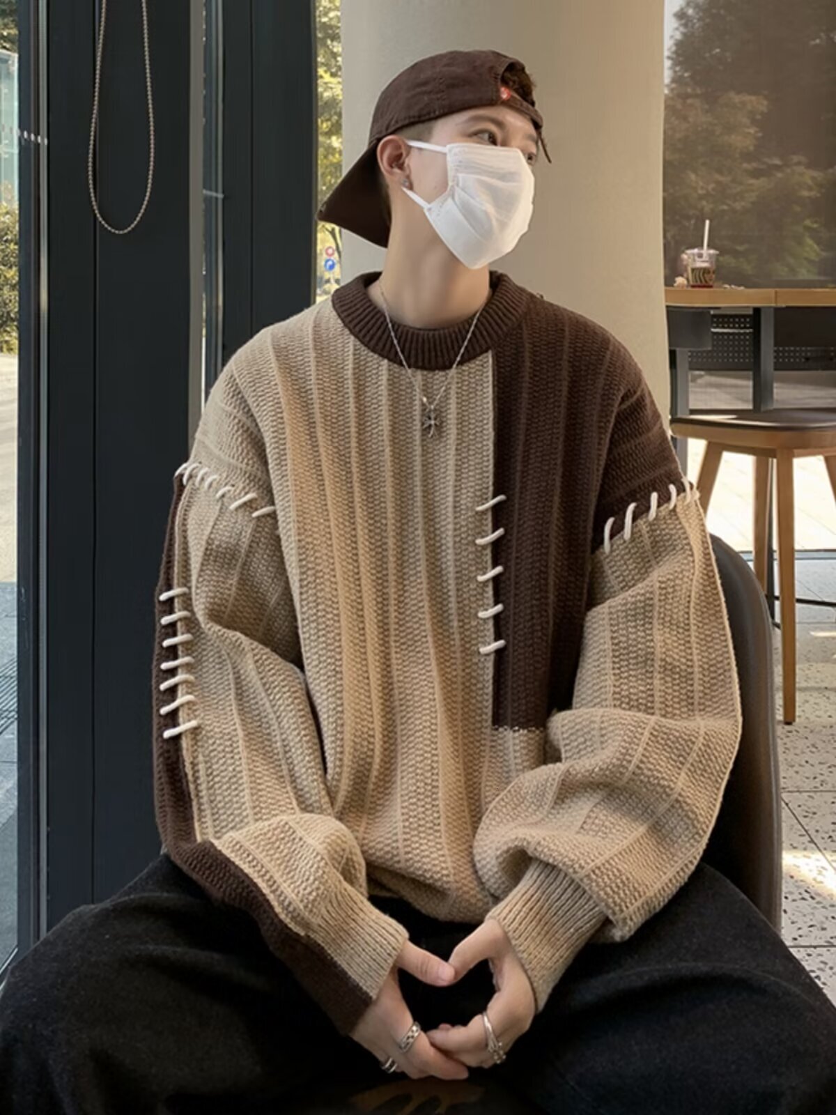 2024 New Designer Splicing Color Comparison Boys Sweater Loose, Casual Lazy Style Hooded Knitted Sweater Fashion Men Autumn/Winter