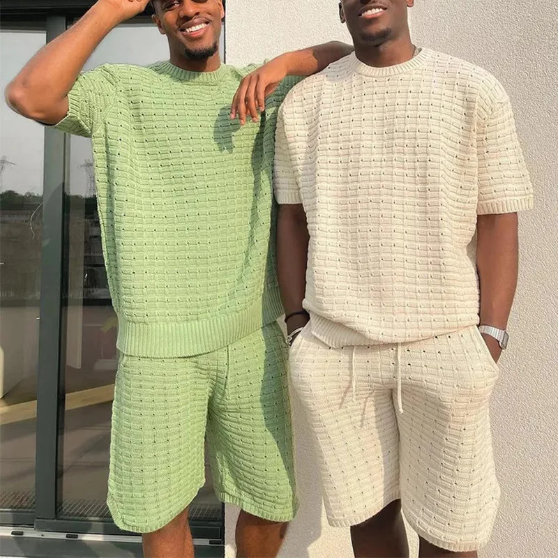 Spring Mens Knitted Two Piece Casual O-neck Long sleeved T-shirt Drawstring Pants Set Fashion Mens Clothing Set 240924