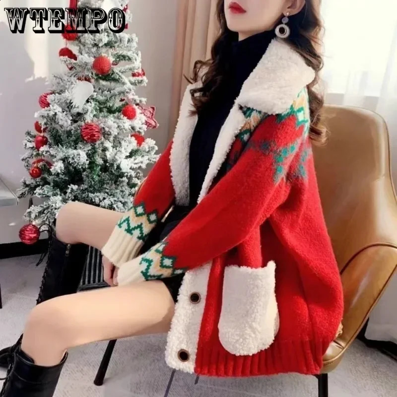 WTEMPO Womens Christmas Sweater Fur Notched Collar Warm Winter Autumn Coat Loose Button Under Knitted Womens Knitted Cardigan 240923