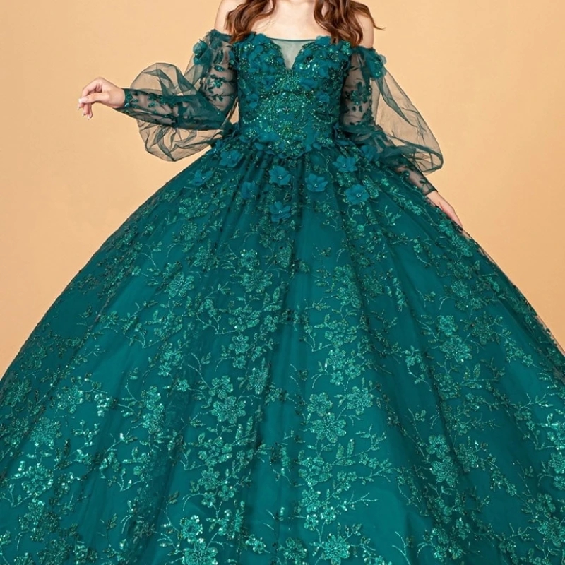 Sparkly Emerald Green Quinceanera Dresses Ball Gown Puff Sleeve Sequin Lace Appliques Beading Tull Sweet 16 Dress Vestido De 15 Anos