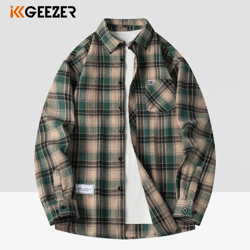 Men Shirt Plaid Flannel Long Sleeve Green Loose Mens Casual Shirt Spring Autumn Oversized Business Male Soft Dress Shirt 240924