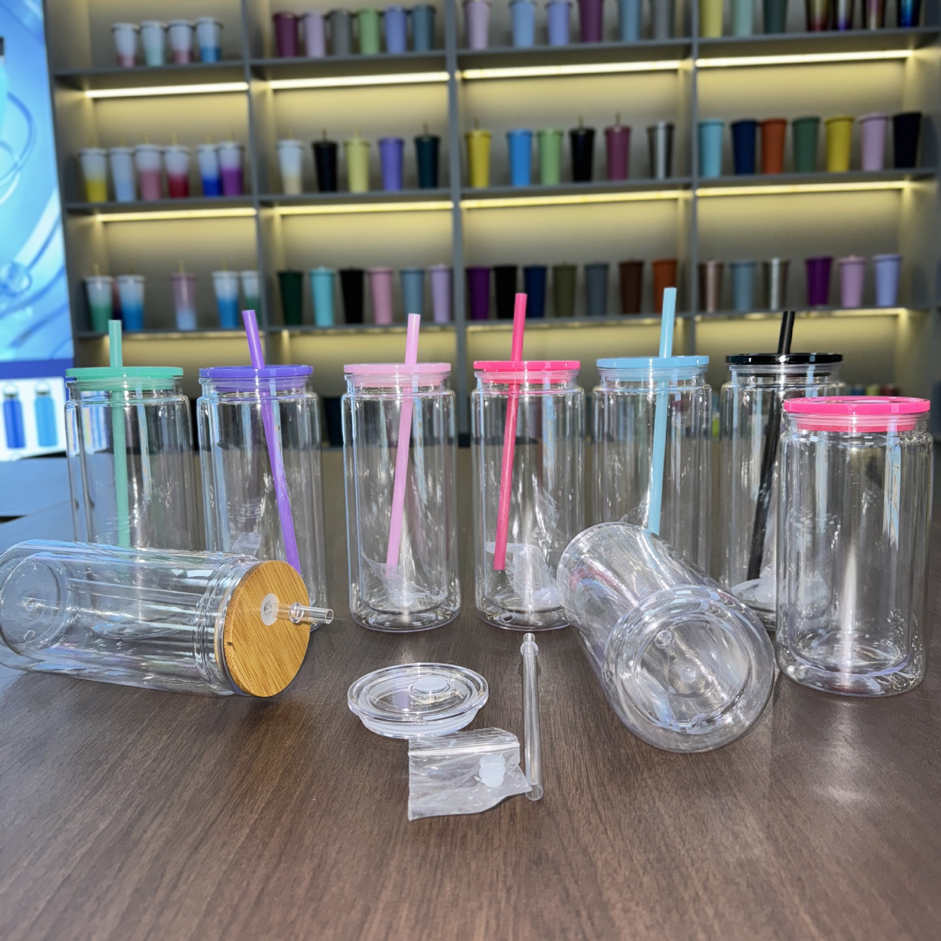 20oz Plastic Snow Globe Tumbler Acrylic Mason Jar with hole and plug 500ml Clear Mason Can PP Drinking Cup