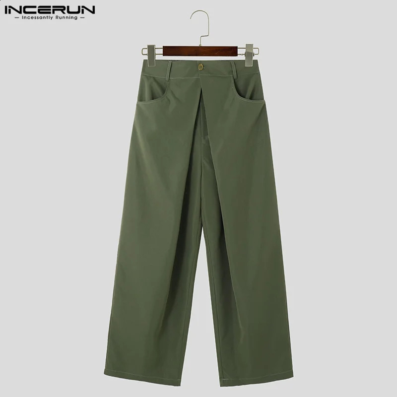Men Pants Solid Color Button Joggers Loose Streetwear Wide Leg Men Pleated Fashion Casual Long Pants S-5XL INCERUN 240921