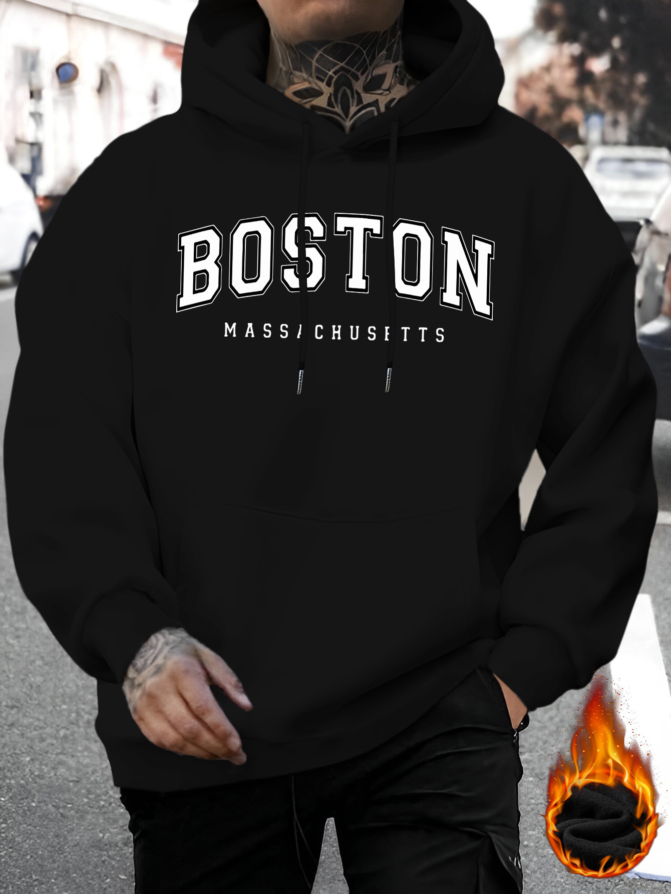 Boston Massachusetts Geometric Print Hoodie - Fall/Winter Casual Knit Polyester Hooded Sweatshirt with Regular Fit and Slight Stretch