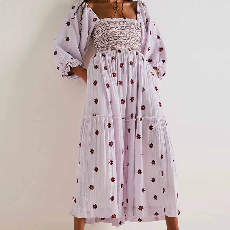 Beach Style Holiday Ruffle Swing A Line Maxi Dress Bohemian Floral Dres Lady Square Neck Long Sleeve Club Party 240923