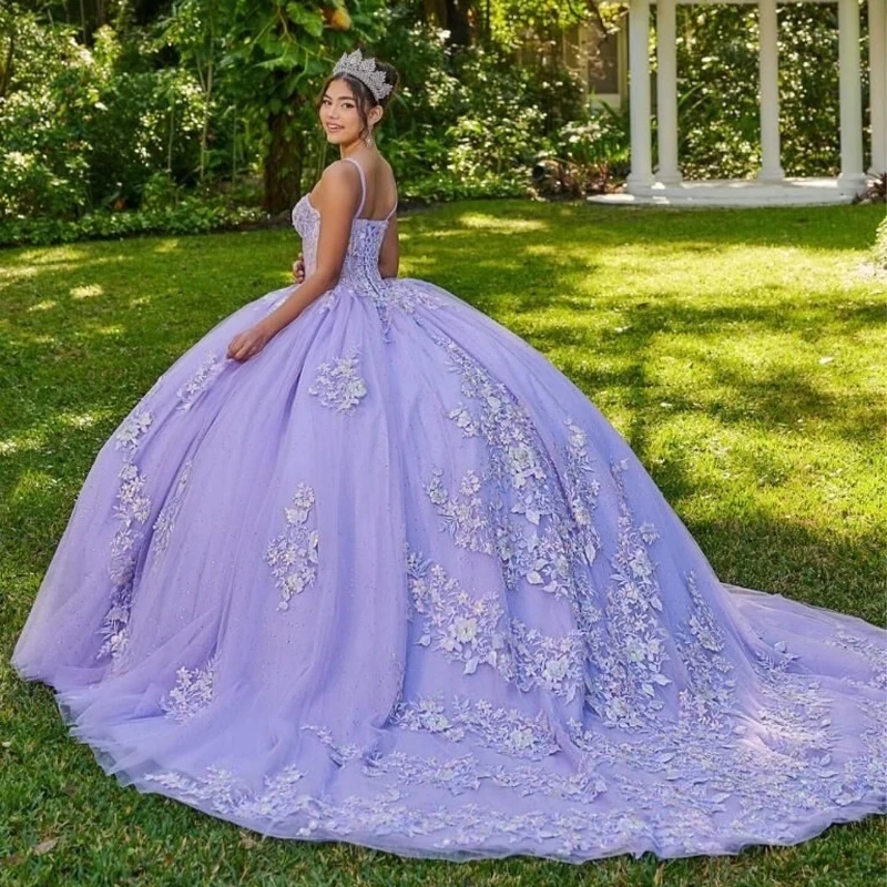 Lavender Quinceanera Dresses Spaghetti Strap Lace Applique Beading Tull Birthday Party Mexican Sweet 16 Vestidos De XV 15 Anos