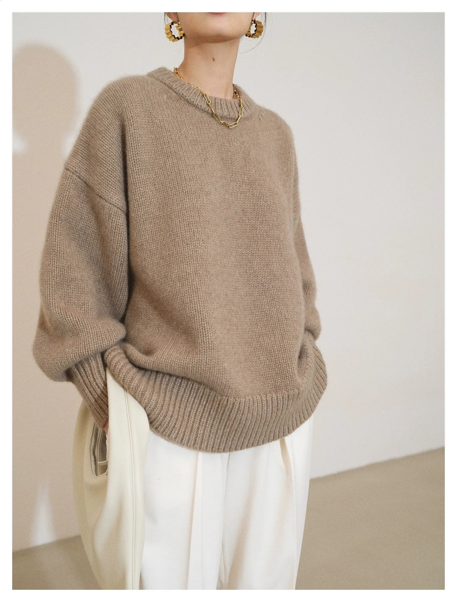European round neck 100% cashmere sweater womens thick lazy silhouette sweater womens loose knit bottom sweater 240924